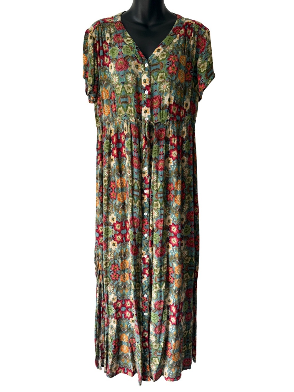 Natura Floral Button-Front Maxi Dress Womens Small Green Red Short Sleeve Boho